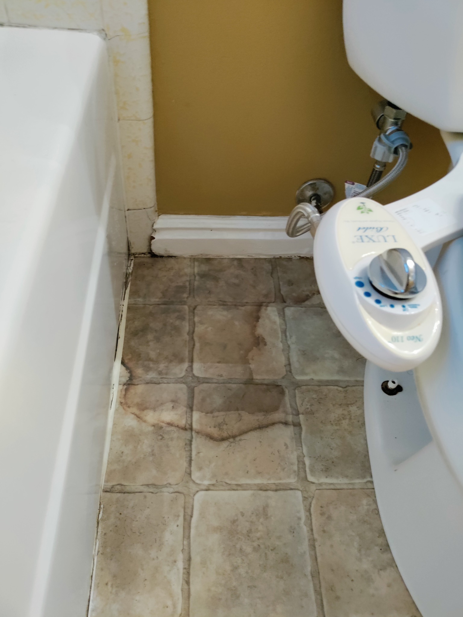 Bathroom floor stain near toilet that revealed hidden water damage in Salt Lake County Utah